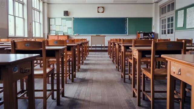 Sunlit empty classroom with wooden desks, rows of chairs and large windows flooding warm light across hardwood floor green blackboard and wall clock at front, scattered notebooks and pens