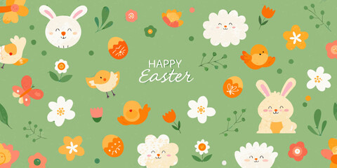 A cheerful easter illustration with bunnies chicks and colorful flowers © Milton