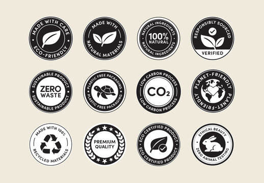 Eco Friendly Badge Sticker Set Vector Templates, Green Labels, Eco seals, Sustainable Icons for Environmental Messaging in Solid Black