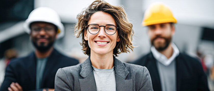 Three diverse professionals, including a woman in glasses and two men in safety helmets, stand confidently on a construction site.