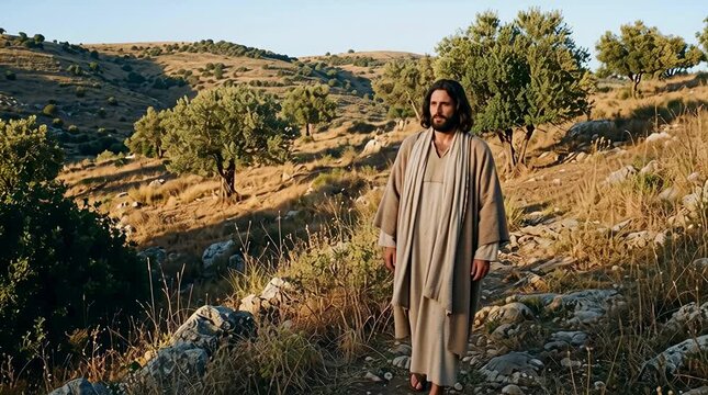 Jesus walking Galilee countryside avoiding roads