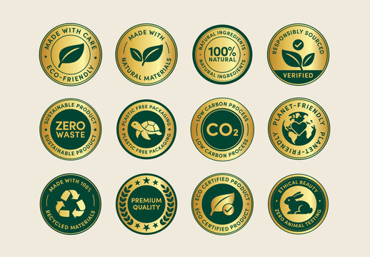 Eco Friendly Badge Sticker Set Vector Templates, Green Labels, Eco seals, Sustainable Icons for Environmental Messaging in Green & Gold