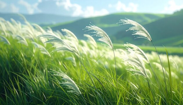 Gentle wind blows through tall grass, green hills in the background, a sunny day