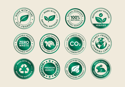 Eco Friendly Badge Sticker Set Vector Templates, Green Labels, Eco seals, Sustainable Icons for Environmental Messaging in Green