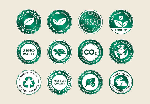 Eco Friendly Badge Sticker Set Vector Templates, Green Labels, Eco seals, Sustainable Icons for Environmental Messaging in Green