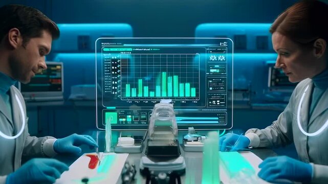 Two white researchers analyzing data on transparent screen clinical researcher and lab technician examine biomarkers with precision instruments, glowing green charts, sterile bench, gloves,