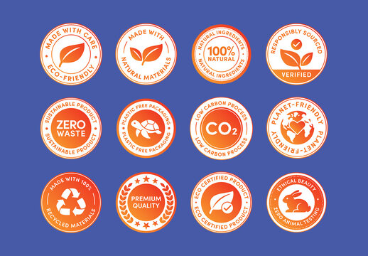 Eco Friendly Badge Sticker Set Vector Templates, Green Labels, Eco seals, Sustainable Icons for Environmental Messaging in Orange
