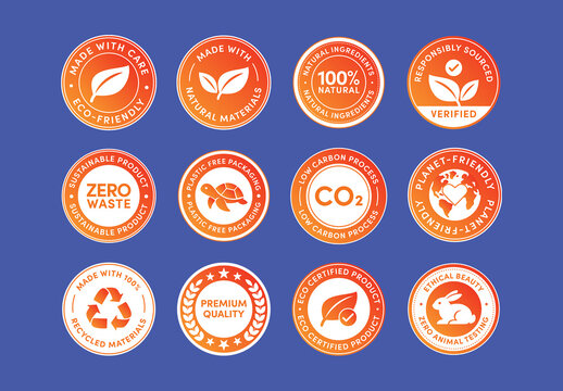 Eco Friendly Badge Sticker Set Vector Templates, Green Labels, Eco seals, Sustainable Icons for Environmental Messaging in Orange