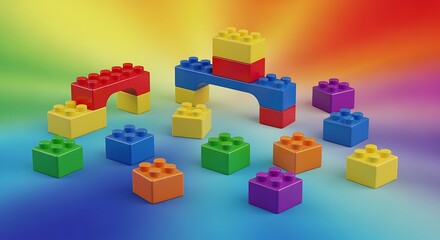 Fototapeta premium Multicolored plastic building blocks arranged on rainbow colored surface for creative play and construction fun educational toy for kids
