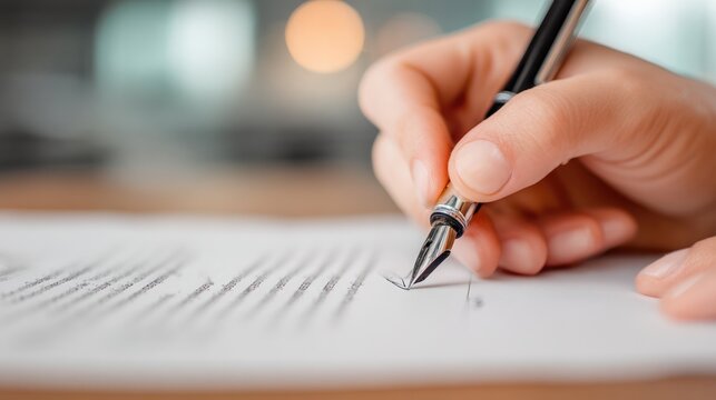 Close-up of hand signing document with pen on desk.