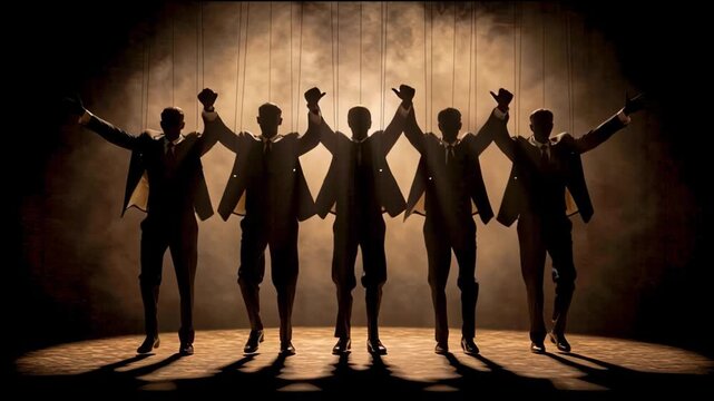 Silhouetted business figures controlled by strings in dramatic lighting