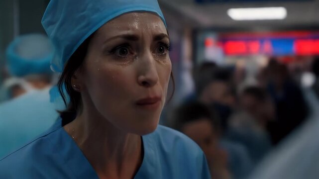 Female nurse in scrubs shouting, busy hospital corridor with blurred staff, flushed face and sweat, tense expression confronting colleague, urgent red lights and monitors, cinematic closeup
