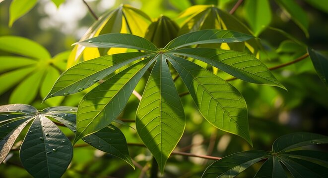 Closeup of Vibrant Green Cassava Leaves Illuminated by Sunlight.