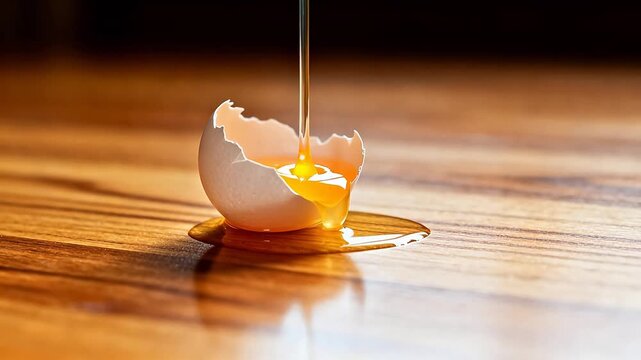 Eggshell with dripping liquid on wooden surface