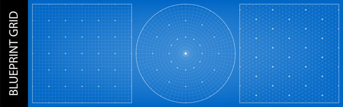 Square blueprint bg with circular millimeter compass and isometric guides. Radial ruler math grid, architectural plan template texture. Geometric abstract drawing with degree marks, tech floor plan