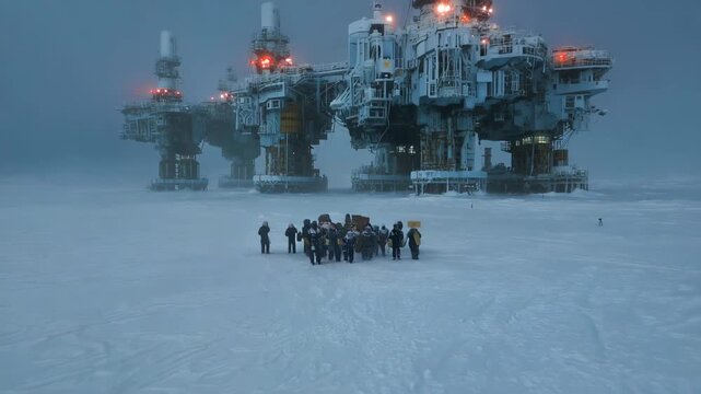 Crew marching across frozen tundra offshore, heavy winter gear, snowcovered faces, handheld protest signs, industrial oilrig backdrop with towering platforms, red safety lights, biting wind