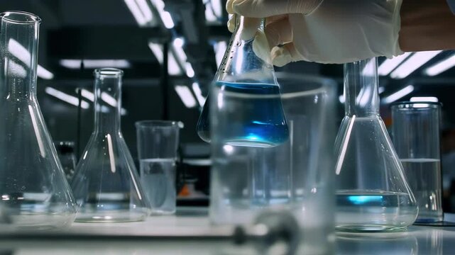 Gloved hand stirring blue solution in conical flask, assortment of glassware on bench, reflective lighting, careful dropwise mixing, focused experimental moment, clean clinical environment