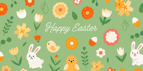A cheerful easter scene with flowers bunnies chicks and eggs © Kopil