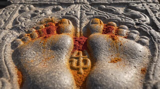 Stone Carving Of Feet Adorned With Red And Yellow Powders In Sunlight Detailed Close Up On Ancient Architectural Element With Intricate Carvings And Textured Surface