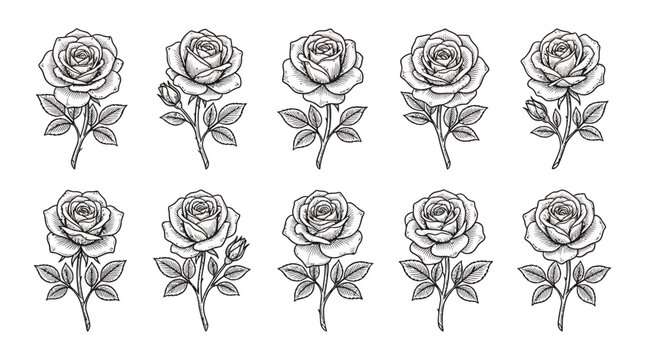 A vintage floral vector set featuring black and white rose illustrations with seamless pattern elements, elegant blossoms, and hand-drawn leaf sketches for tattoo art or decorative nature design