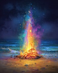 Obraz premium Vibrant Campfire Ignites the Night Sky with a Cascade of Rainbow Sparks on a Dark Sandy Beach Reflecting in the Gentle Ocean Waves Under a Starry Sky