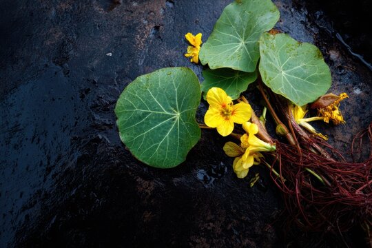 自然界の暗い表面に咲くナスタチウムの葉と花