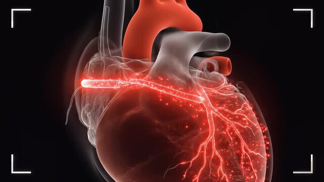 Pulsating Cardiac Pacemaker, providing electrical impulses to a transparent human heart, with veins and arteries glowing red on black background