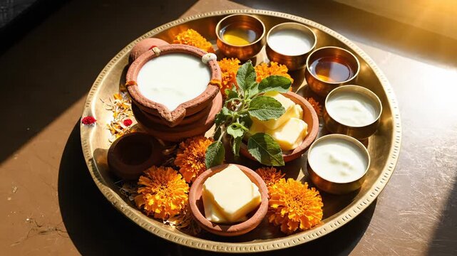 Traditional Indian Religious Offering Tray With Milk Yogurt Ghee Flowers And Holy Basil In Warm Sunlight