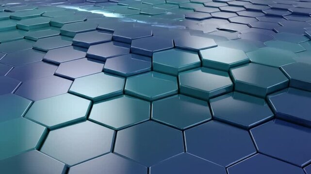 Abstract futuristic hexagonal tile surface background with blue green metallic gradients reflecting light motion