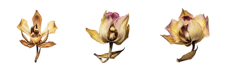Set of Withered Orchid Flowers Orchidaceae Dried Petals Exotic Botanical Ornament Isolated...