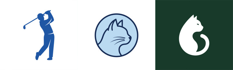 Golf player silhouette and cat logo icons set with sporty athlete swing and pet emblem vector illustration collection