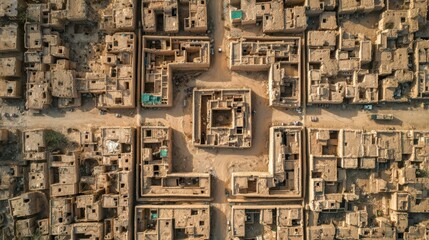 Fototapeta premium top-down drone shot of the old city of Kandahar, Afghanistan, geometric walled-city layout with four main streets crossing, clusters of mudbrick courtyard houses, historic Afghan architecture, 