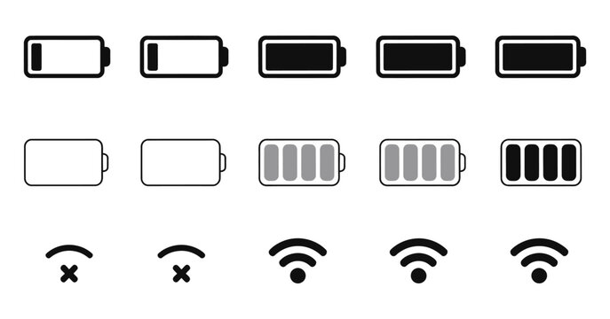 Battery Signal and Wi-Fi Icon Symbol, smartphone network indicator, wireless connection sign, battery power level status bar element, modern black and white vector icon for mobile interface, web UI de