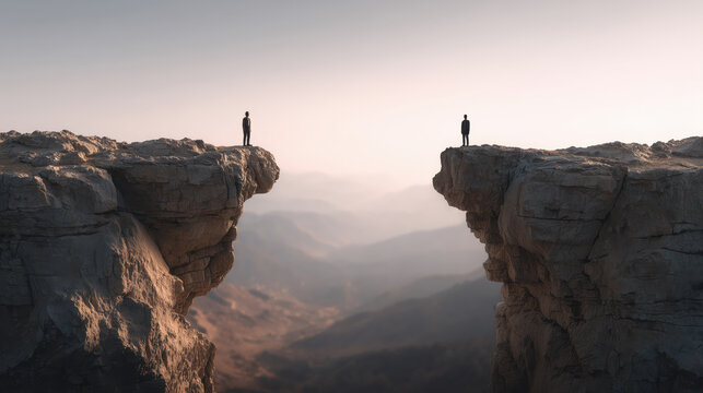 Two solitary figures standing on opposite sides of a vast mountain chasm at the break of dawn light