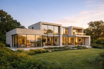 Obraz premium Luxury Modern House with Panoramic Glass Windows and Landscaped Garden