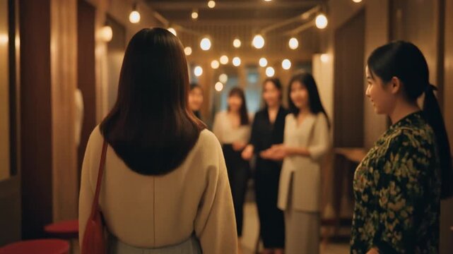 柔らかな黄金色の光に包まれた婚活パーティーでグループへと歩み寄る人の後ろ姿