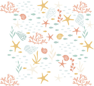 Crabs seamless pattern with seaweed fish and shells. Monochrome pattern