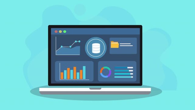 Animated laptop displaying data analytics dashboard with charts, graphs, and file folder interface. Concept of digital analytics, document management, business monitoring, and data visualization.