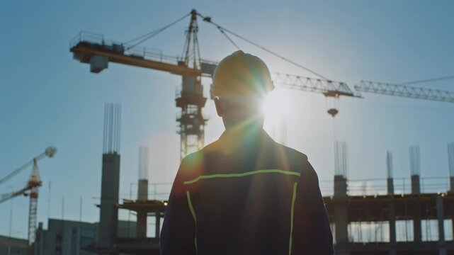 明るく近代的な建設現場を見渡す男性作業員の後ろ姿のシルエット
