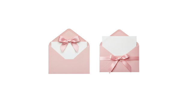 Pink gift envelope with ribbon isolated on white background, celebration and greeting concept.
