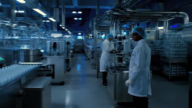 Automated bottling line with conveyor, worker in hairnet monitoring filling station, rows of plastic bottles, stainless machines and sensors, cool industrial lighting, efficient sterile