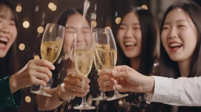 シャンパングラスで乾杯してお祝いする友人たちのスローモーション