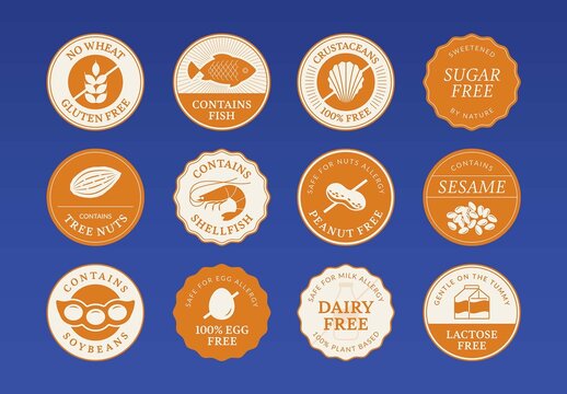 Food Allergen Warning Sticker & Vector Badge Set for Allergy Label Icons, Packaging Seals & Menus
