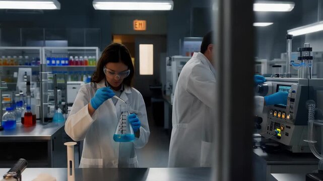 Researchers adjust measurement tools carefully. Laboratory team measures precisely using glassware. Scientific professionals finetune equipment with reagents and careful methods