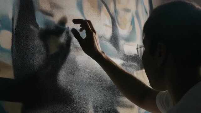 塗装が完了した表面を最終確認する作業員の手元のシルエット