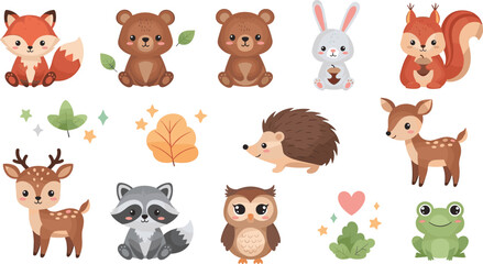 Fototapeta premium Cute Woodland Forest Animal Collection with Fox, Bear, Rabbit, Squirrel, Hedgehog, Deer, Raccoon, Owl and Frog Cartoon Vector Illustration Set.