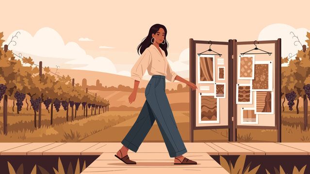 Woman walking confidently on a wooden path.