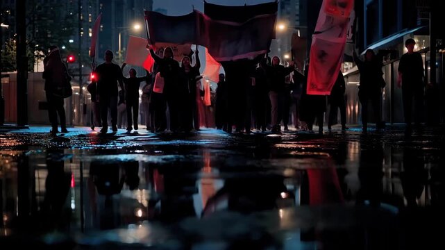 Lowangle multiracial march under red banners, wet pavement reflections mirror silhouetted protesters, flowing cloth and rhythmic footsteps, city dusk, anonymous unity and defiant street