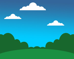 Obraz premium Simple green landscape with rolling hills, bushes, blue sky, and white clouds, clean cartoon nature scene in flat design for backgrounds and environmental themes
