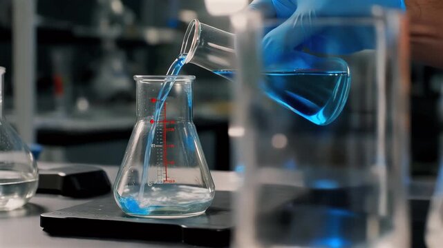 Closeup gloved hand pouring blue titrant into flask, careful volumetric transfer across clear glassware with focus on droplet and calibrated markings under studio lab lighting